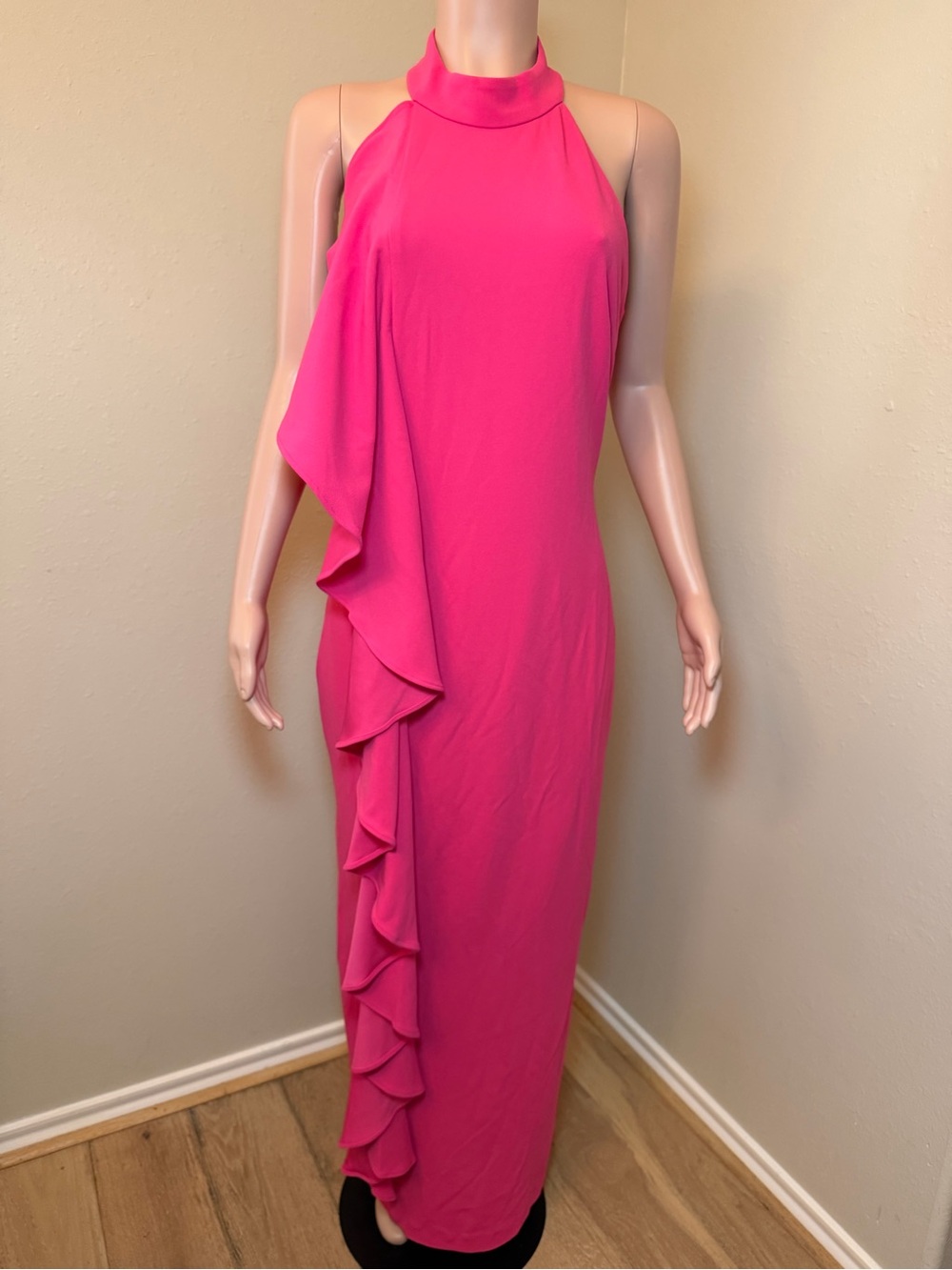 Badgley Mischka Hot Pink Halter Ruffle Maxi Dress size 10